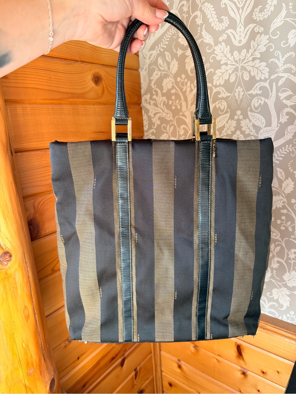 Fendi Stripe Pequin Vintage Tote Canvas exterior w/ Leather Handles & Trim